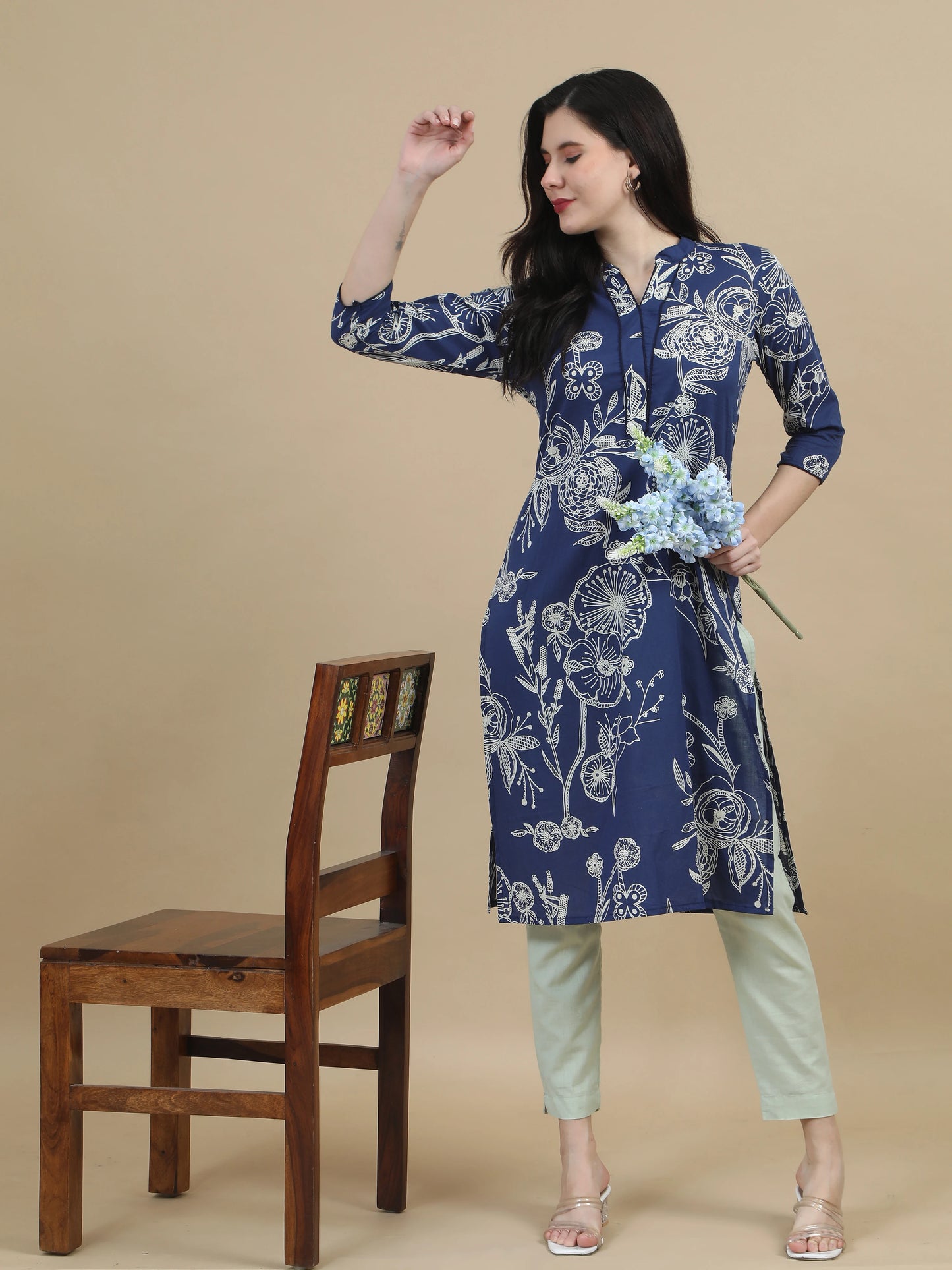 Aaujo Dark Blue Cotton Floral Kurti