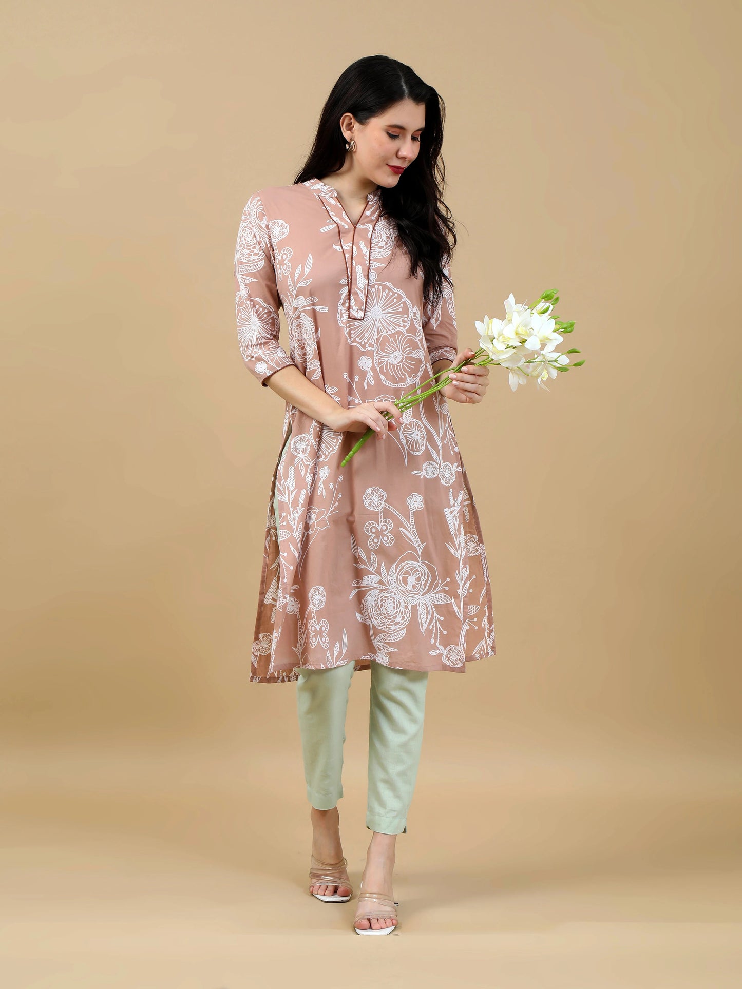 Aaujo Cream Cotton Floral Kurti