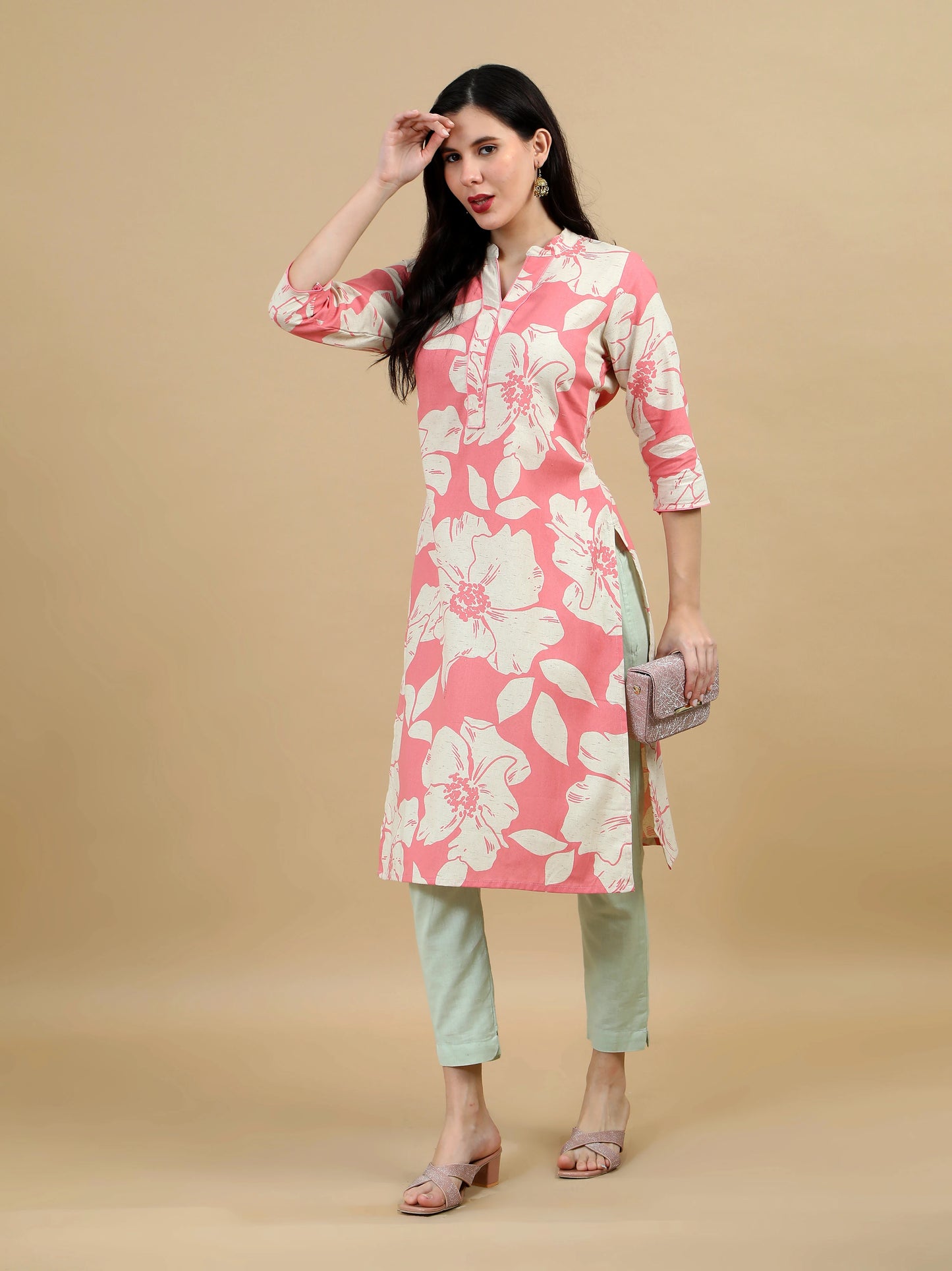 Aaujo Pinkish Floral Linen Kurti