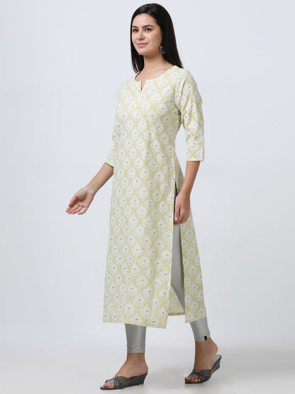 Model wearing Pastel Foil Print Cotton Kurti, showcasing its elegant pastel color and delicate foil print design.