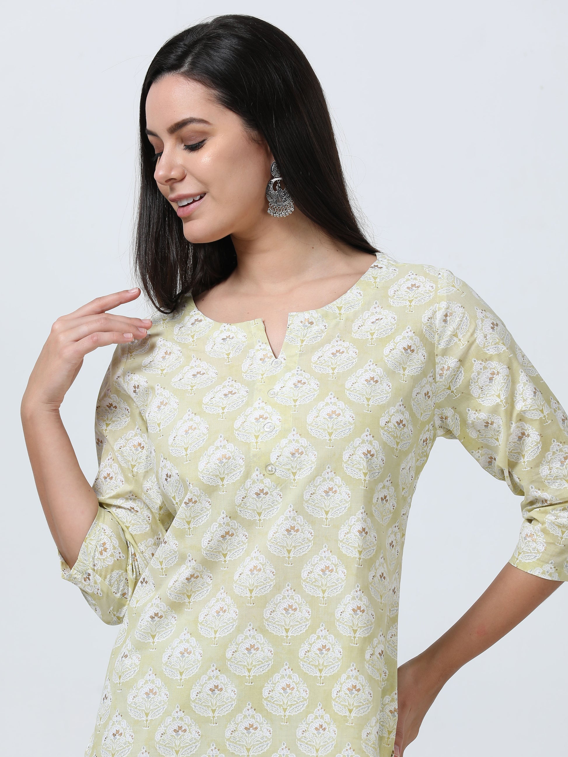 Full view of the Pastel Foil Print Cotton Kurti, offering a sophisticated and versatile look with its soft cotton fabric.