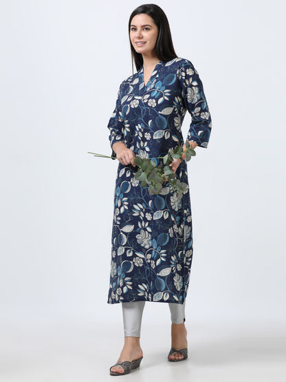 Side view of the Navy Blue Floral V-Neck Kurti, showcasing the graceful v-neck and flowy silhouette.