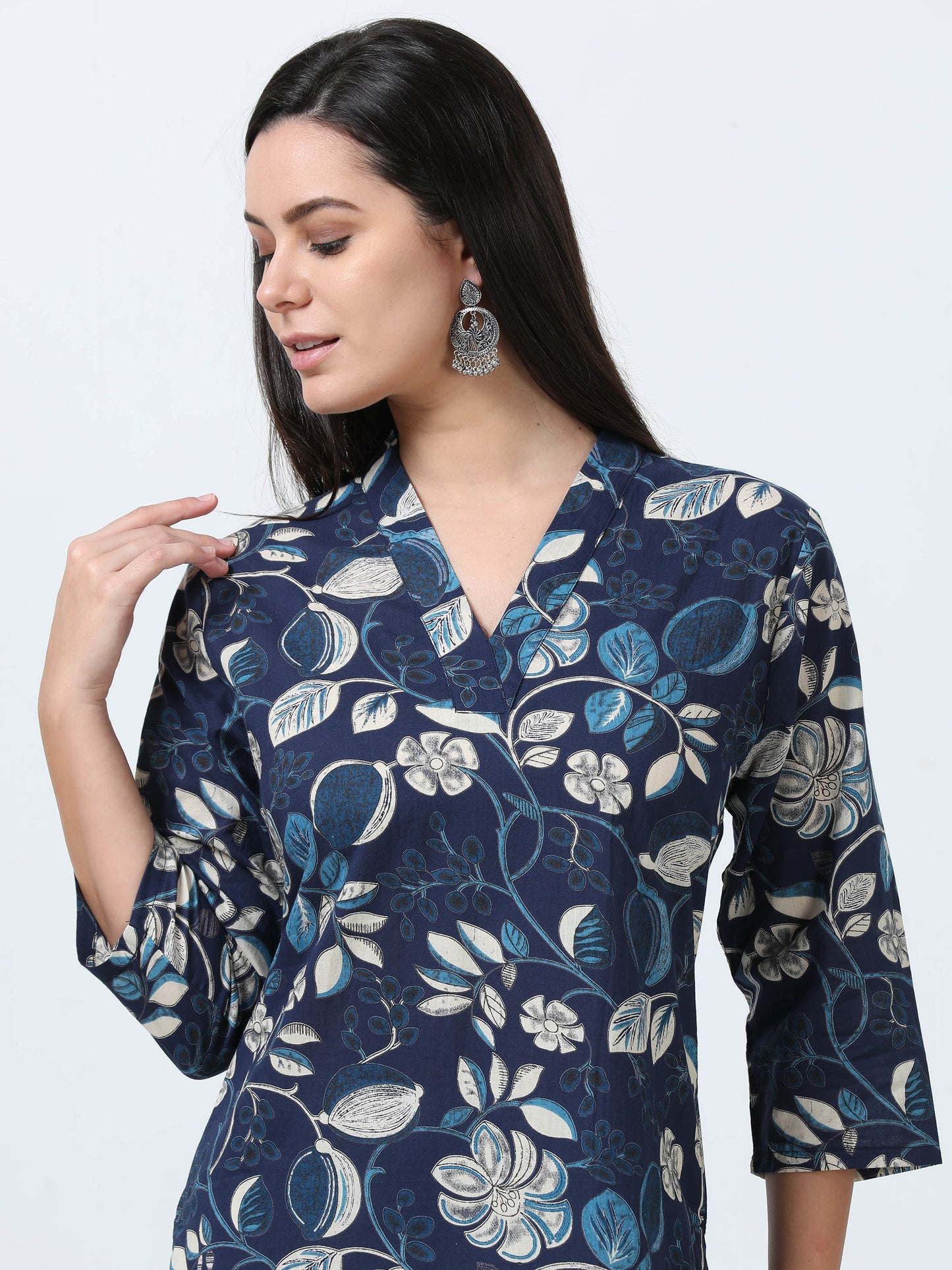 Full view of Navy Blue Floral V-Neck Kurti, offering a chic and comfortable fit perfect for casual or festive occasions.