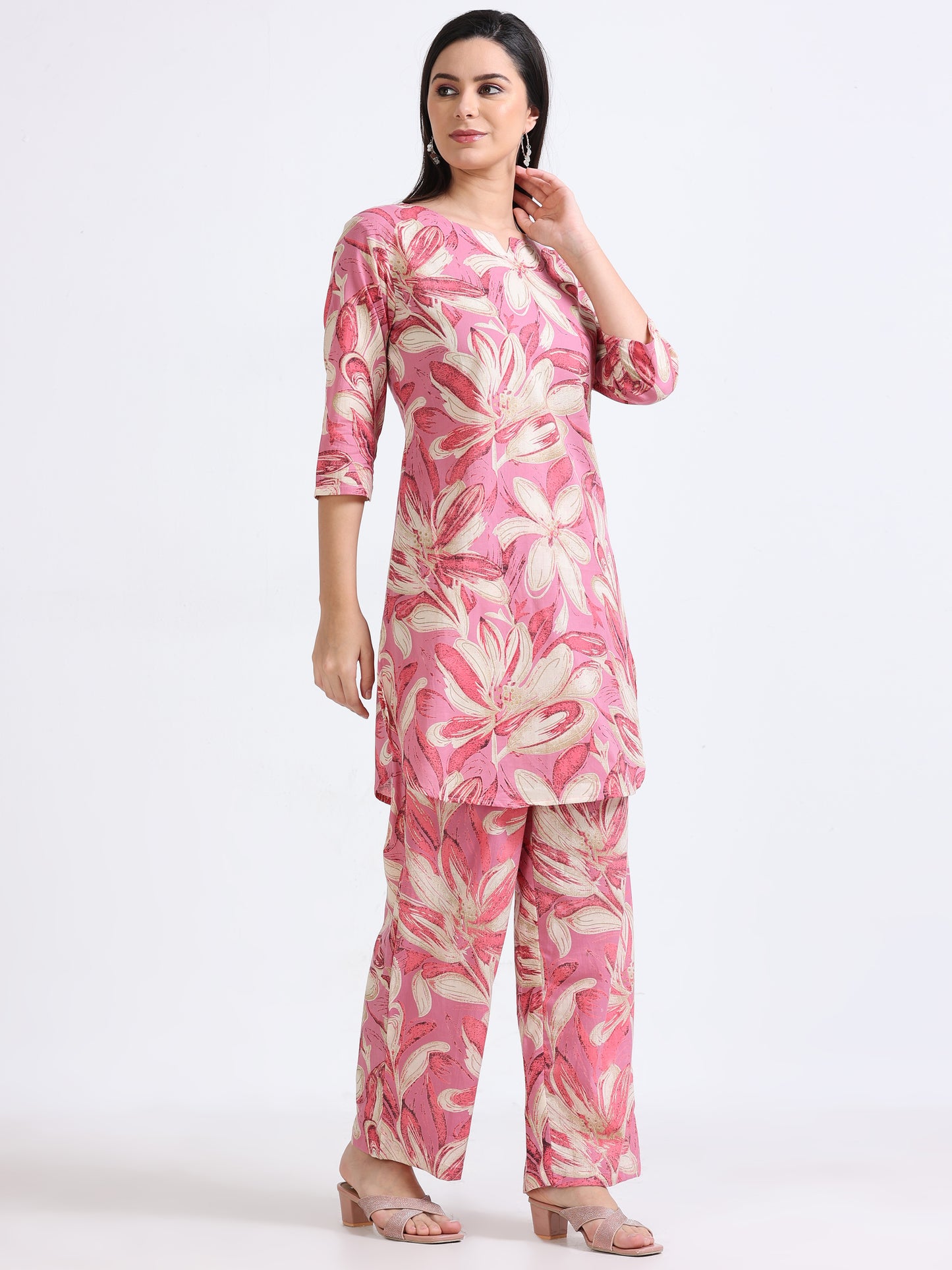 Side view of the Pink & Grey Floral Premium Cotton Cord-set, emphasizing the relaxed fit and contemporary design.