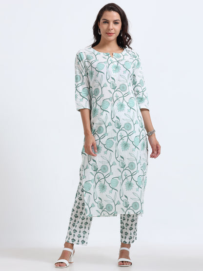 Full view of the Cyan Floral Kurti Set, a chic and comfortable outfit for festive or casual wear.