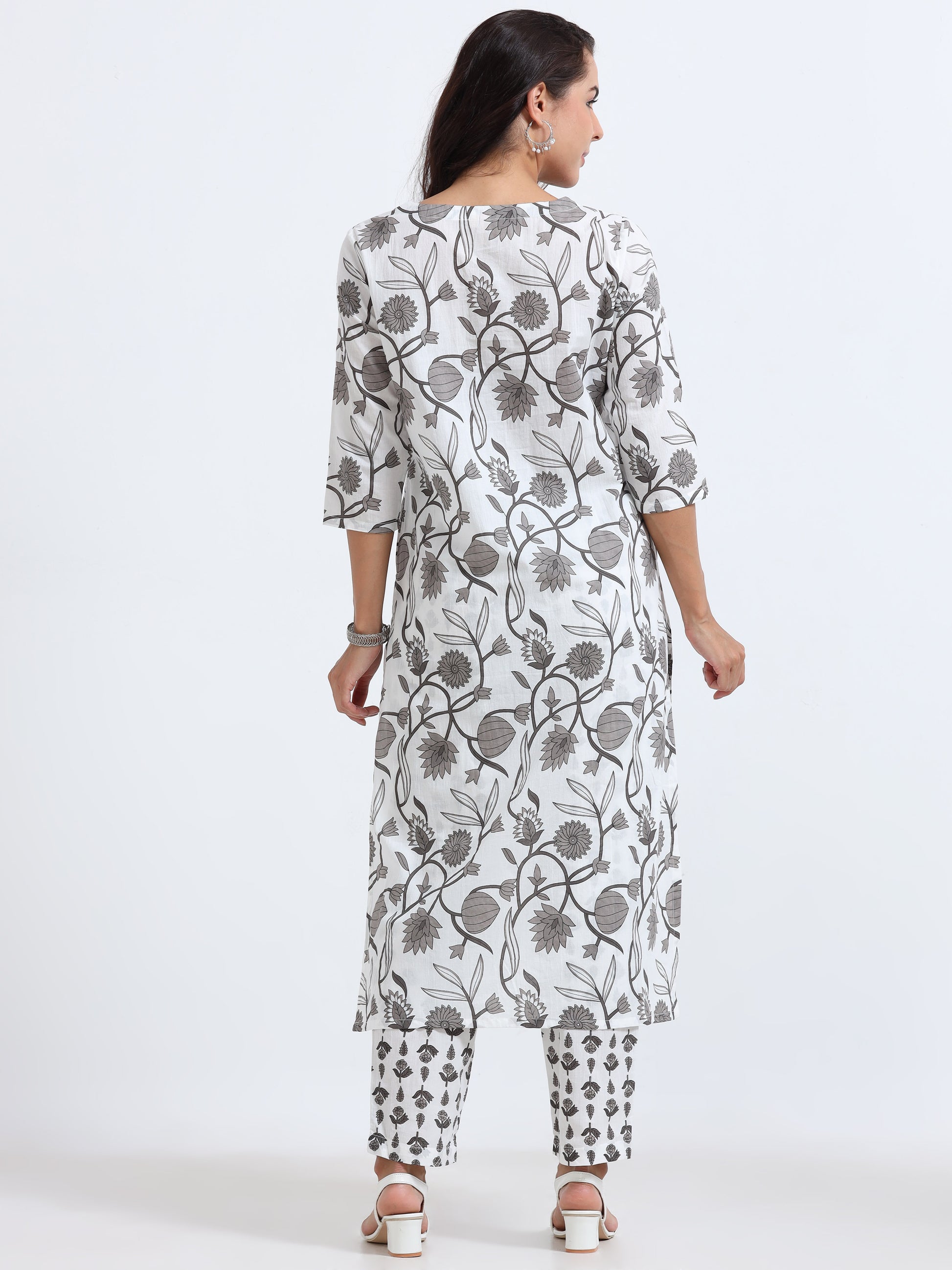 Elegant Grey Floral Elegance Kurti Set with matching pants, offering a timeless and versatile ethnic look.