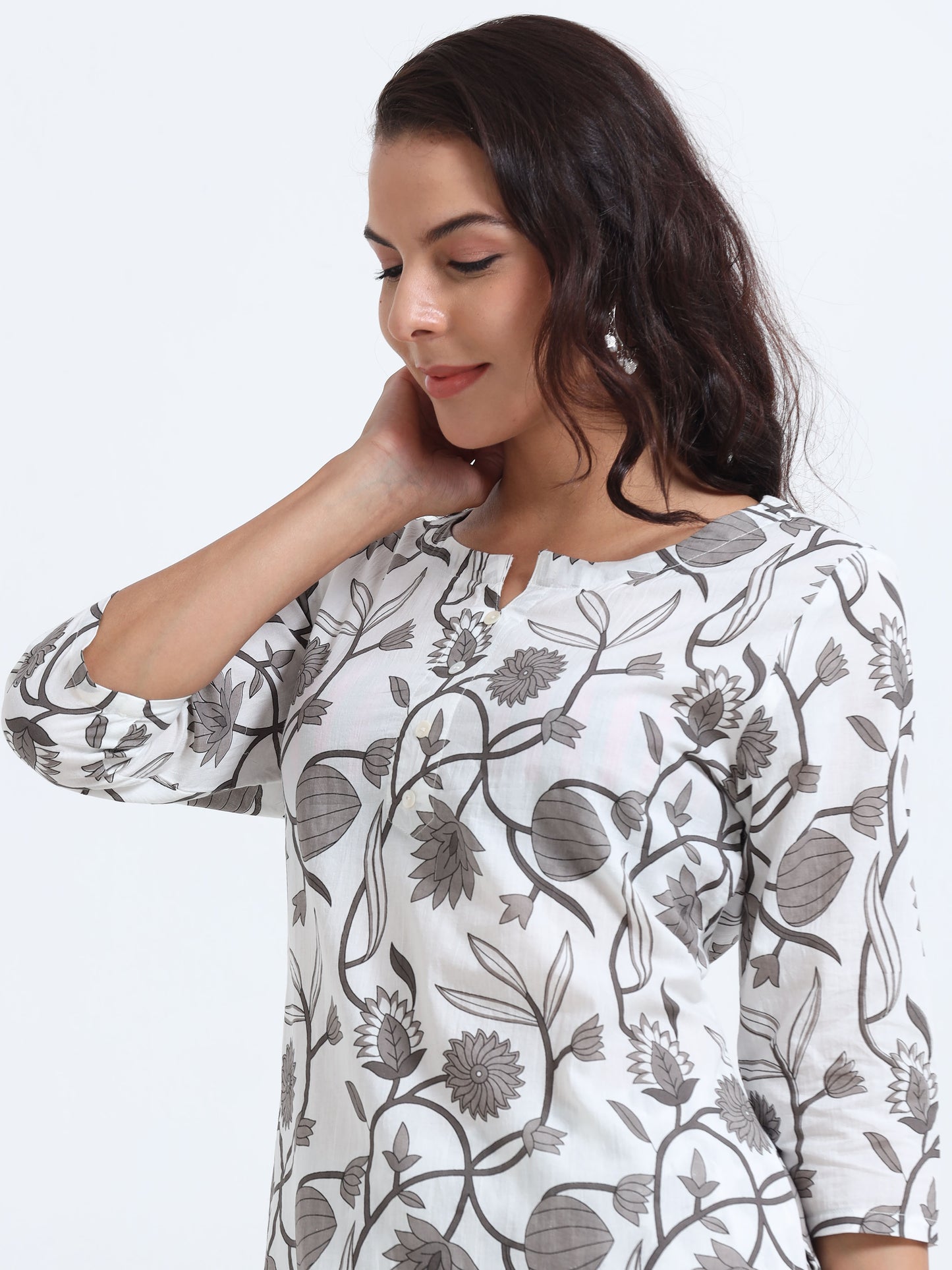 Side view of the Grey Floral Elegance Kurti Set, featuring a comfortable fit and stylish floral embellishments.