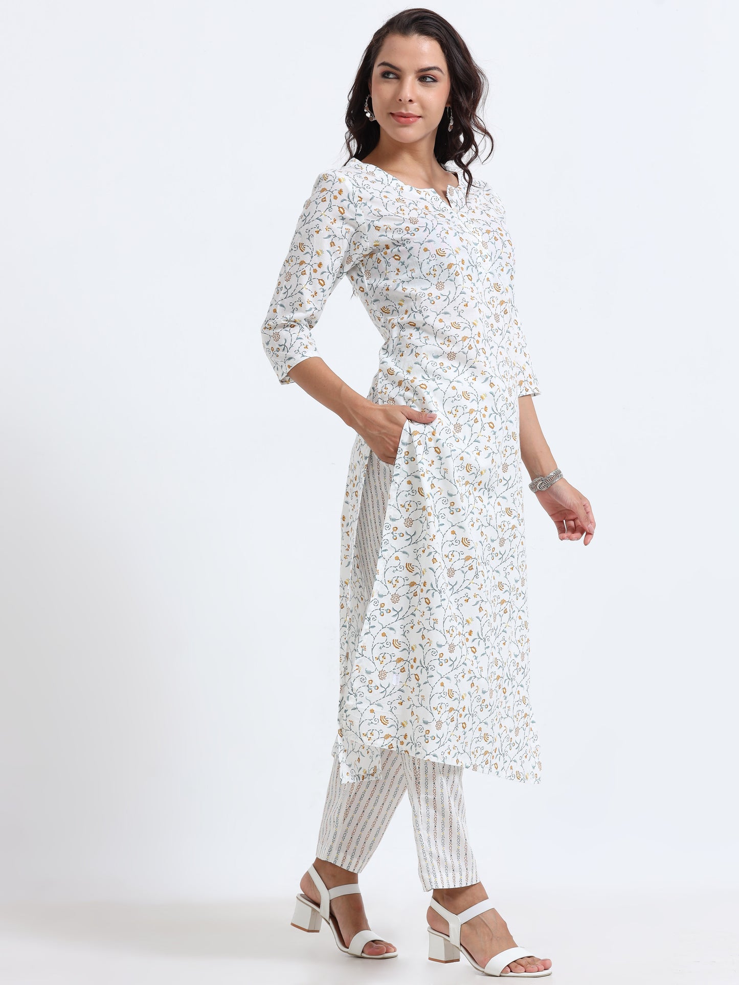 Side view of Bloom Floral Kurti Set showing soft, breathable fabric with delicate floral accents.