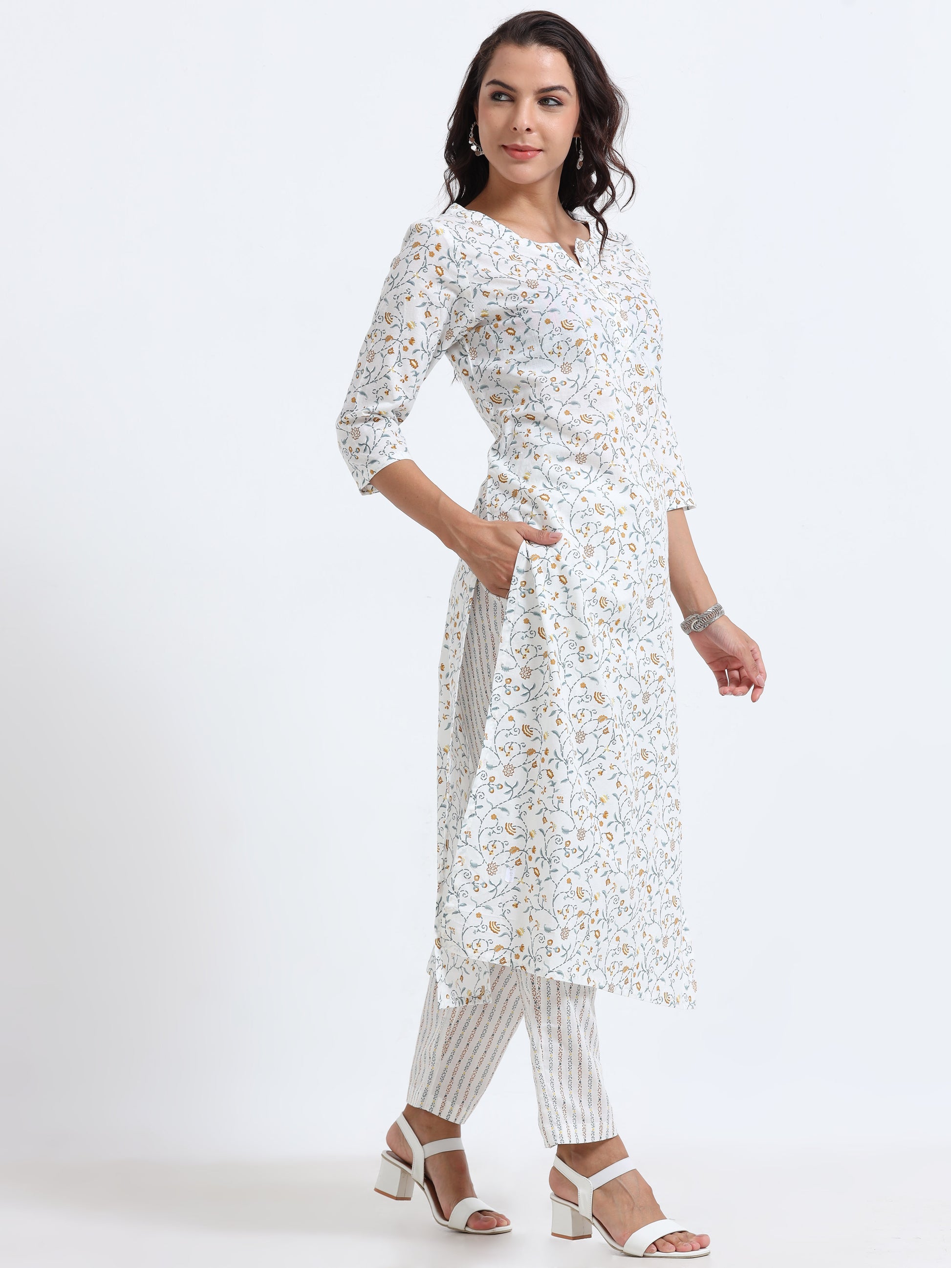 Side view of Bloom Floral Kurti Set showing soft, breathable fabric with delicate floral accents.