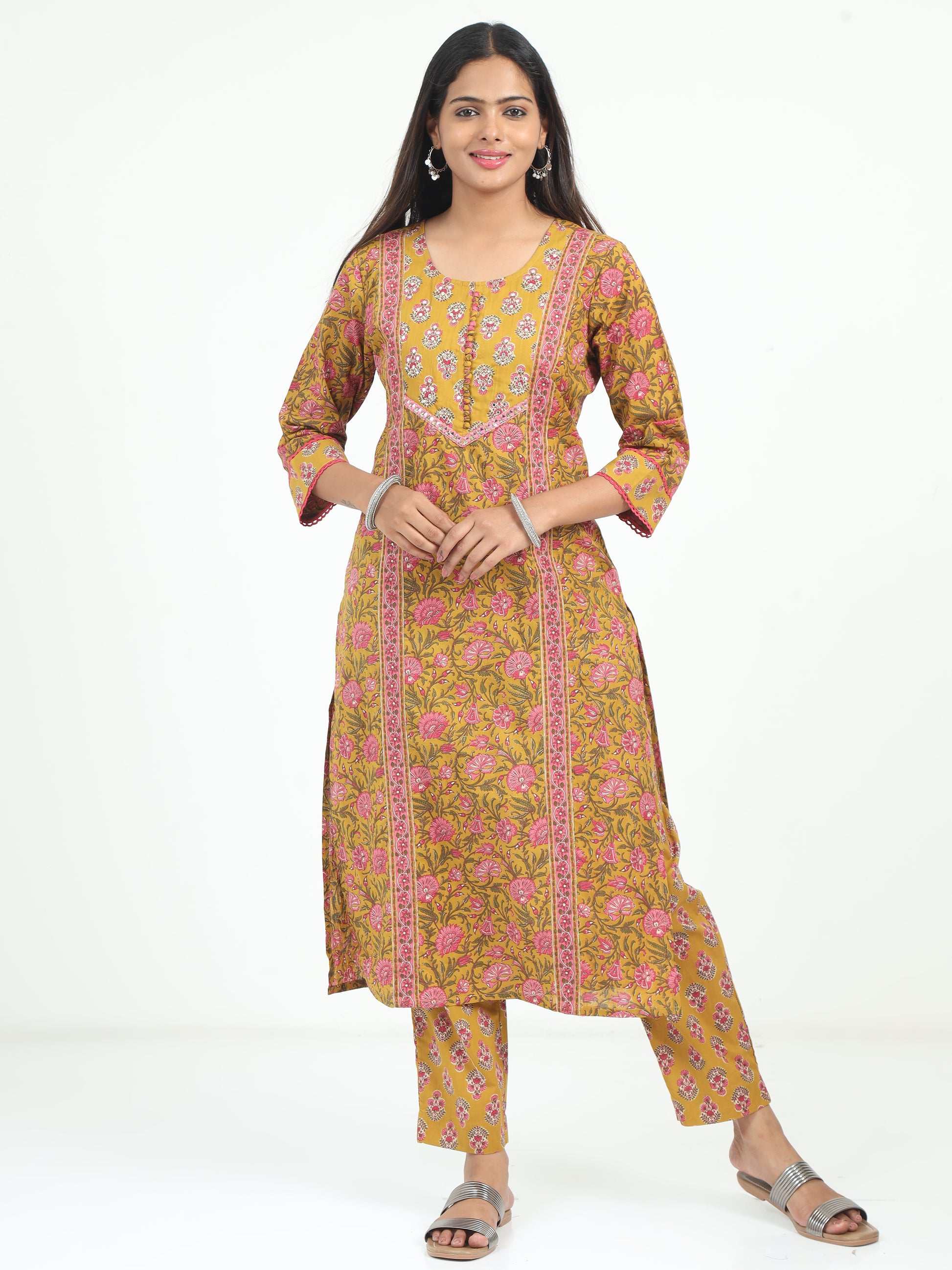 Full view of the Mustard Floral Kurti, offering a chic and comfortable look with its beautiful floral accents.