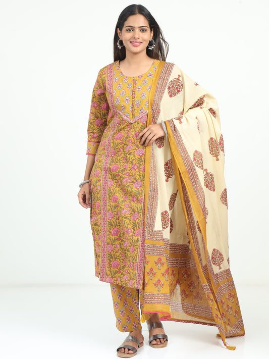 Close-up of the intricate floral print on the Mustard Kurti, showcasing its bright, warm tones and elegant design.