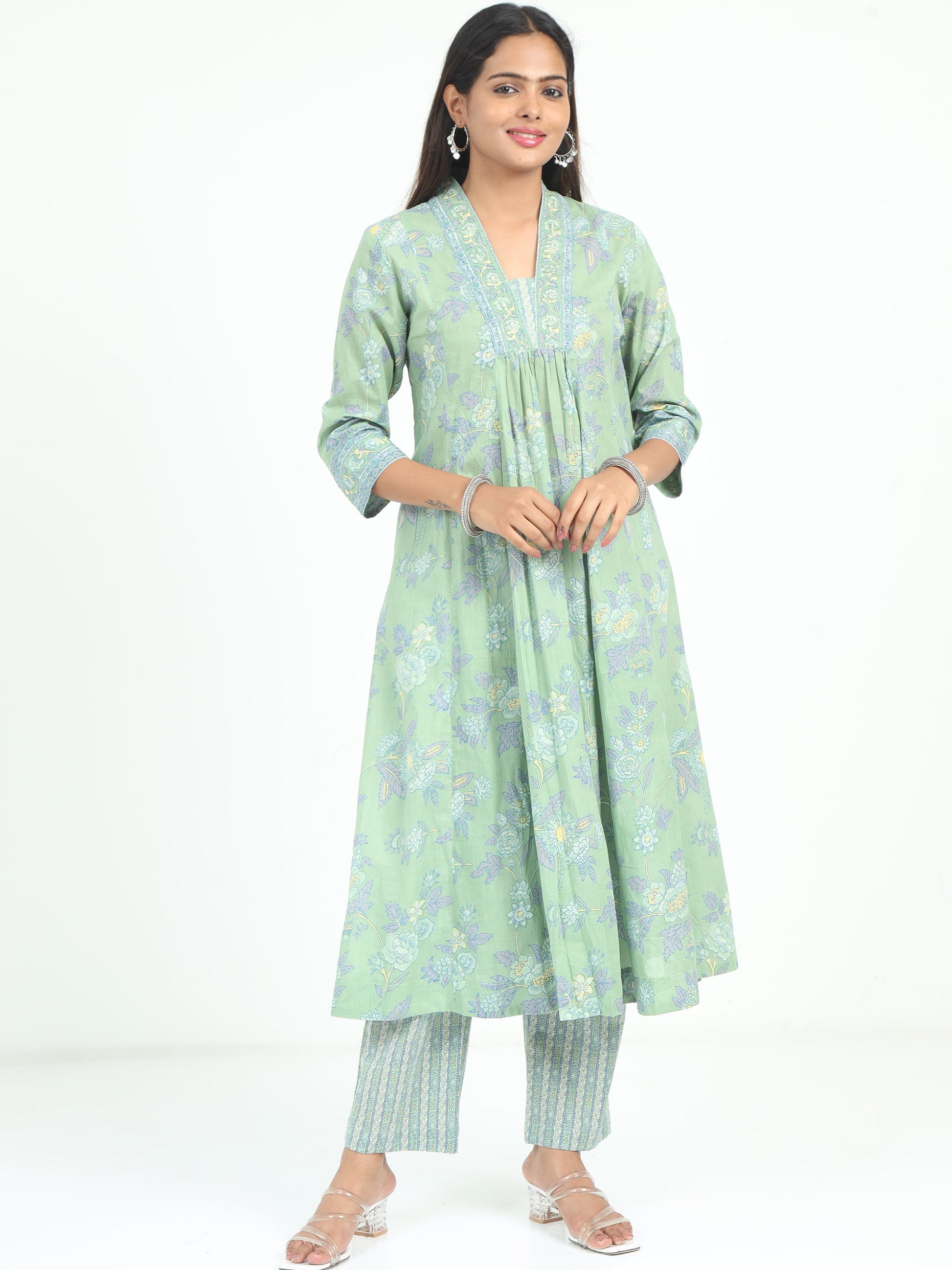 Full view of the Teal Floral Kurti, featuring a graceful silhouette and stunning floral print, ideal for various occasions.