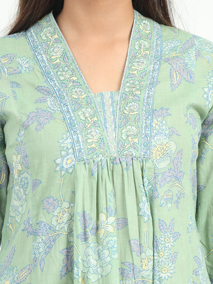 Detailed view of the Teal Floral Kurti, emphasizing the unique floral patterns and the rich teal color for a stylish ethnic look.