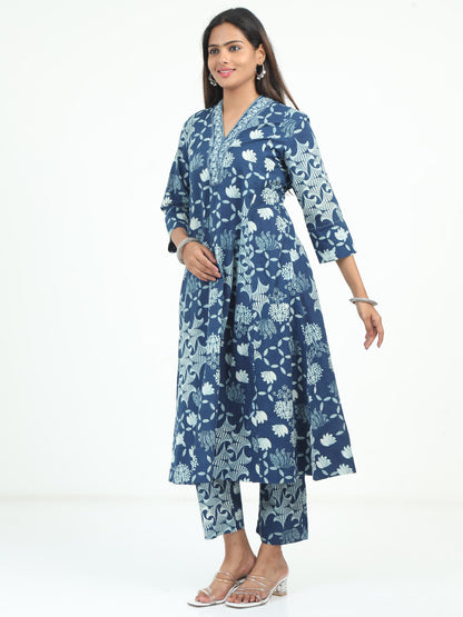 Side view of Blue Floral Kurti and Pant Set, featuring breathable fabric with beautiful floral accents.