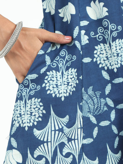 Close-up of floral print design on Blue Kurti and Pant Set, showcasing intricate detailing and craftsmanship