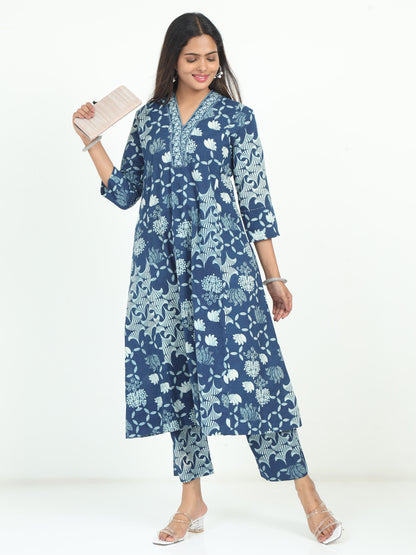 Full view of Blue Floral Kurti and Pant Set, a stylish ethnic outfit with modern comfort.