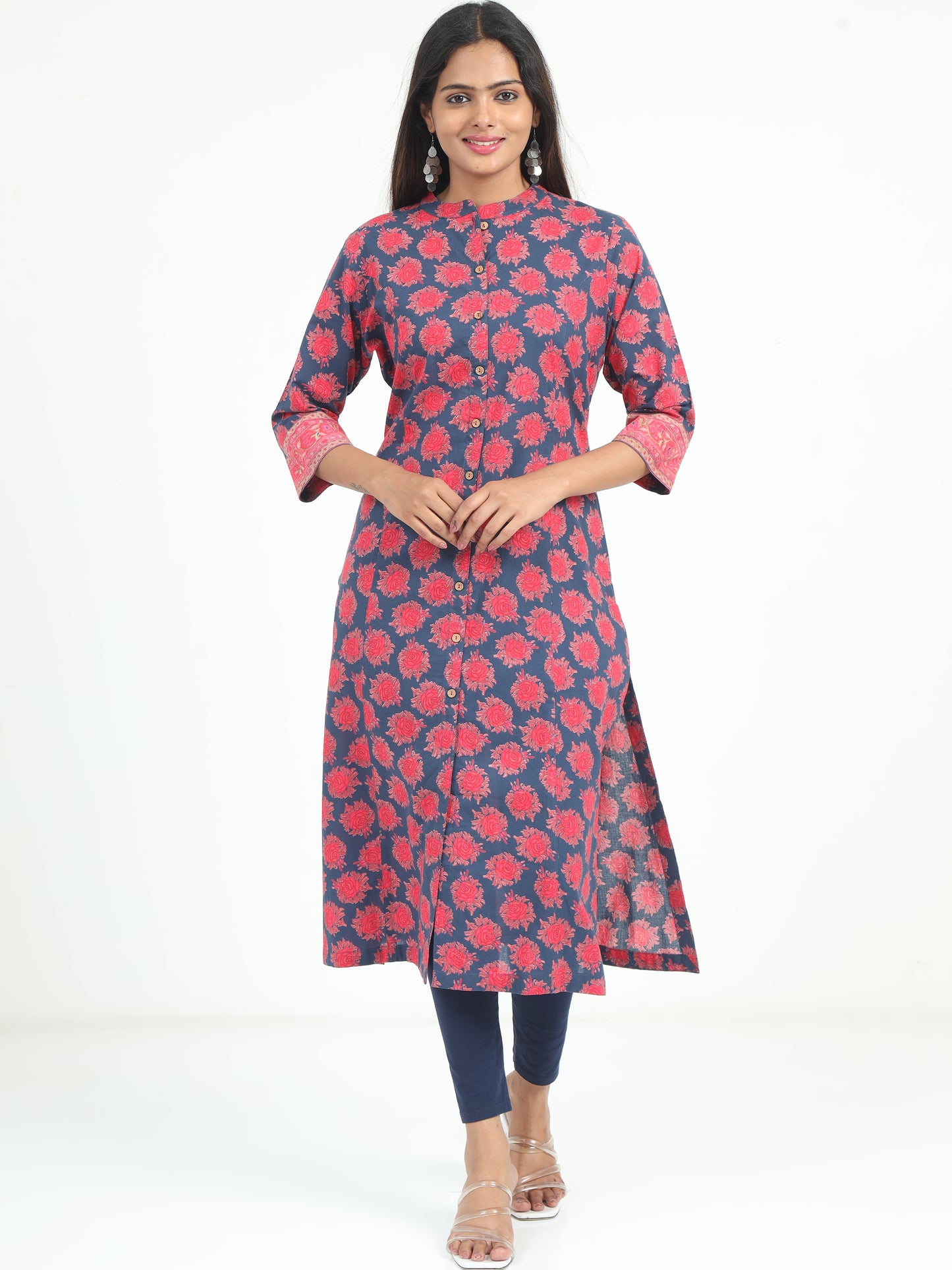 Model wearing the Blue & Pink Floral Kurti, showcasing the intricate floral design that adds elegance and charm to the outfit.