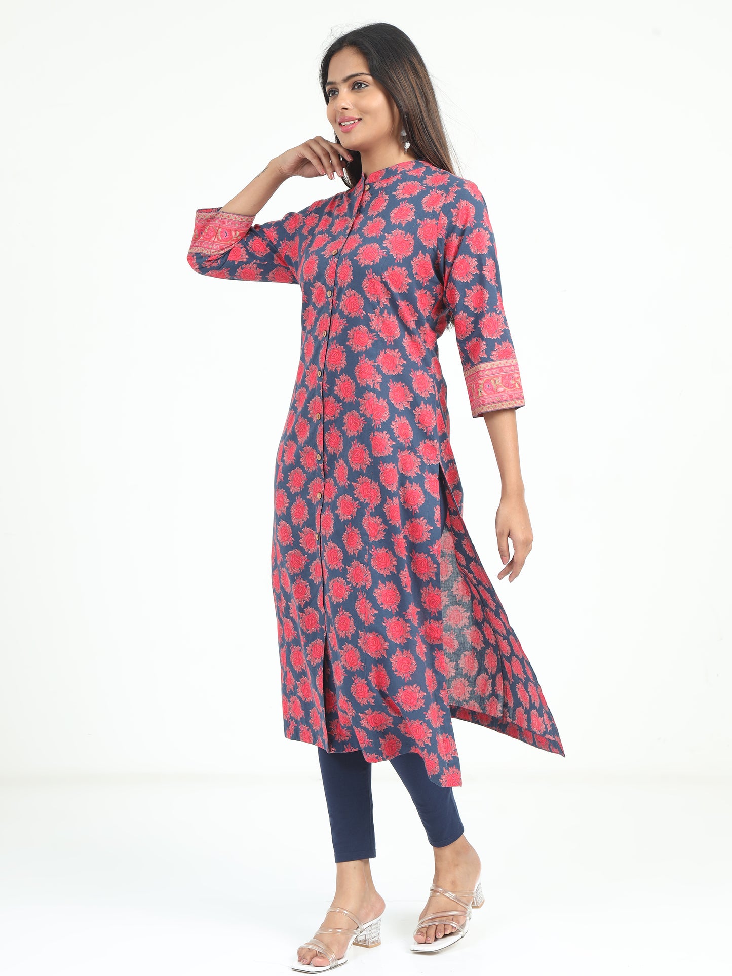 Close-up of the Blue & Pink Floral Kurti, highlighting the soft cotton fabric and delicate floral pattern for a graceful look.