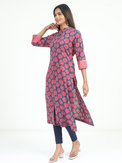 Close-up of the Blue & Pink Floral Kurti, highlighting the soft cotton fabric and delicate floral pattern for a graceful look.