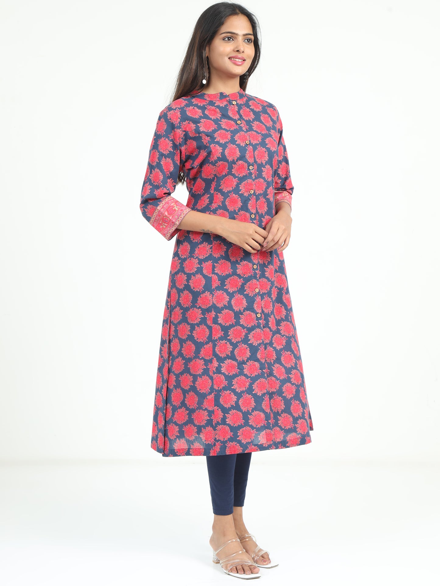 Full view of the Blue & Pink Floral Kurti, emphasizing its vibrant color combination and sophisticated design.