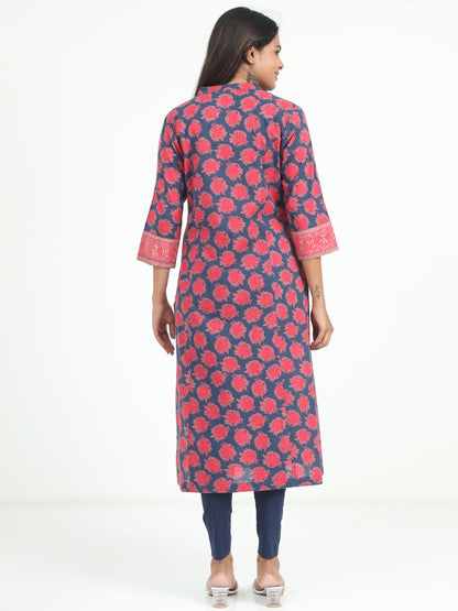 Detailed shot of the Blue & Pink Floral Kurti, focusing on the high-quality cotton fabric and the beautiful floral print.