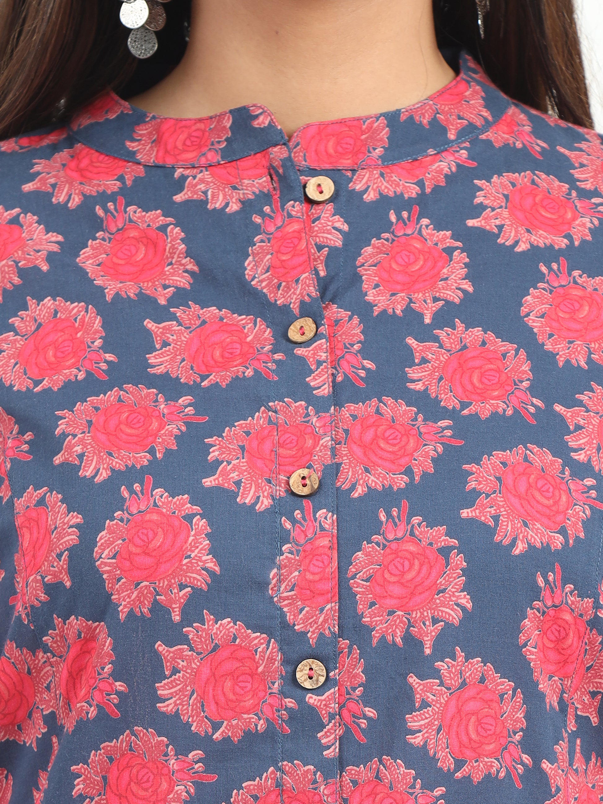 Side view of the Blue & Pink Floral Kurti, showcasing its feminine silhouette and the perfect blend of comfort and style.