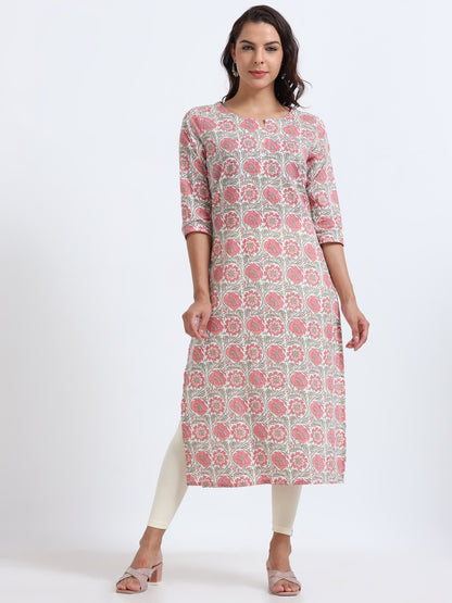 Side view of Blushing Pink Floral Kurti, showcasing its flowing design and subtle floral print.