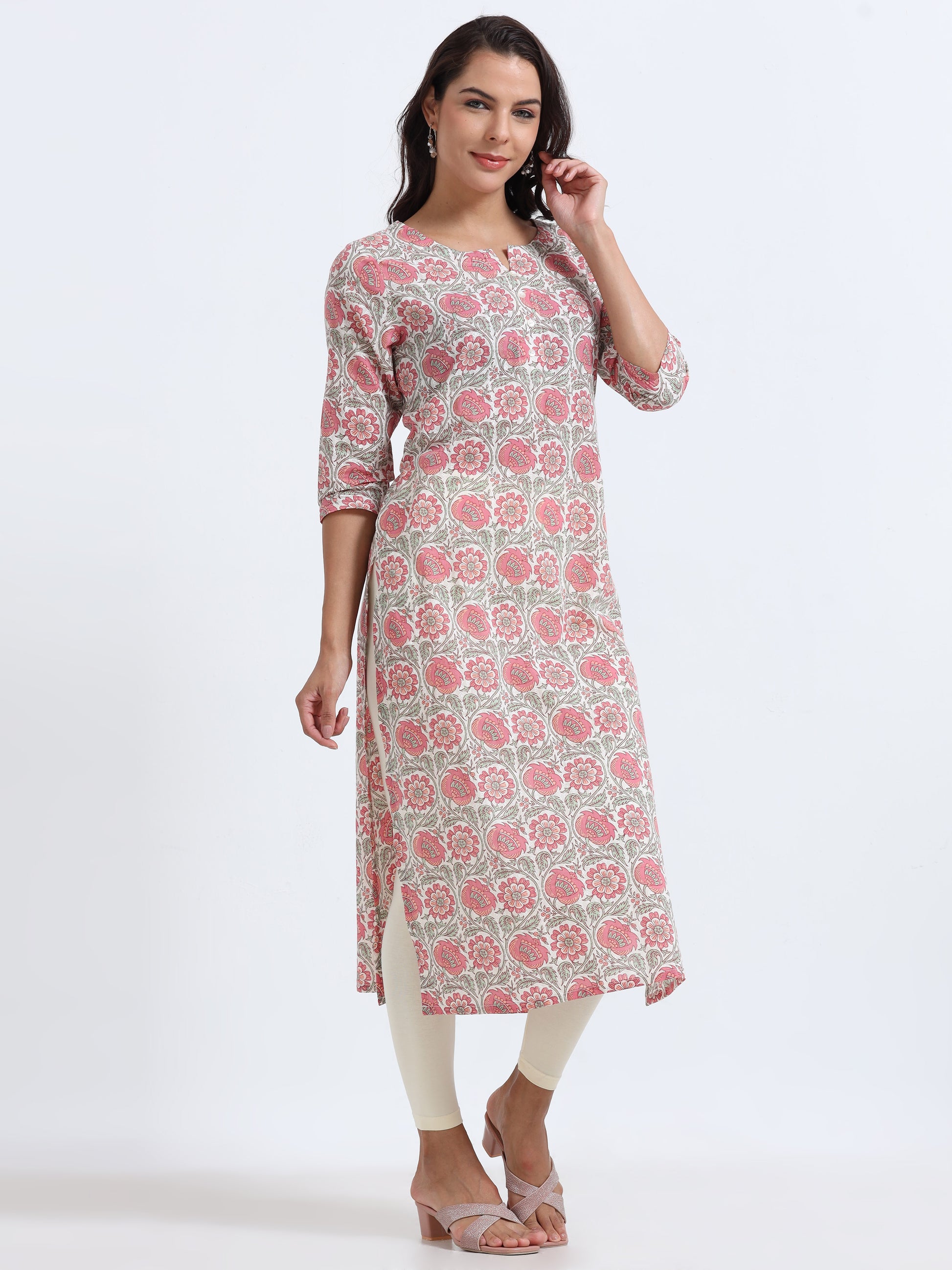 Blushing Pink Floral Kurti with soft fabric and a graceful floral design for a feminine look.