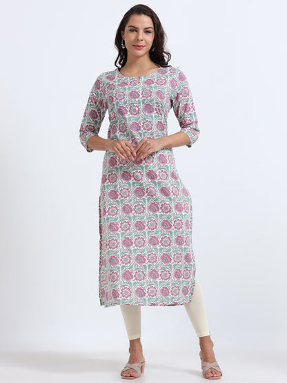 The Blue Blush Floral Kurti laid flat, highlighting the soft pink and blue hues of the floral pattern that exude a peaceful, graceful vibe.