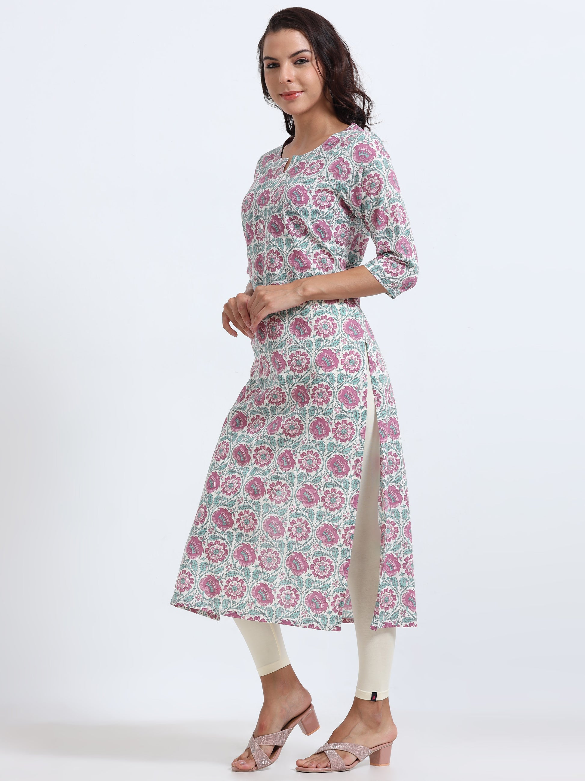 Full view of the Blue Blush Floral Kurti, styled with accessories to showcase its serene and tranquil elegance.