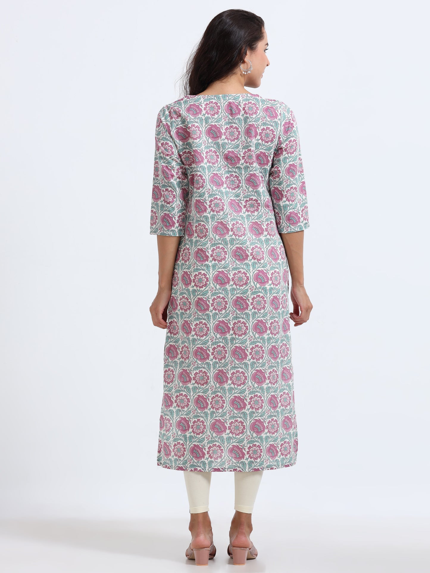 Side view of the Blue Blush Floral Kurti, emphasizing its feminine and sophisticated silhouette with a charming floral print.