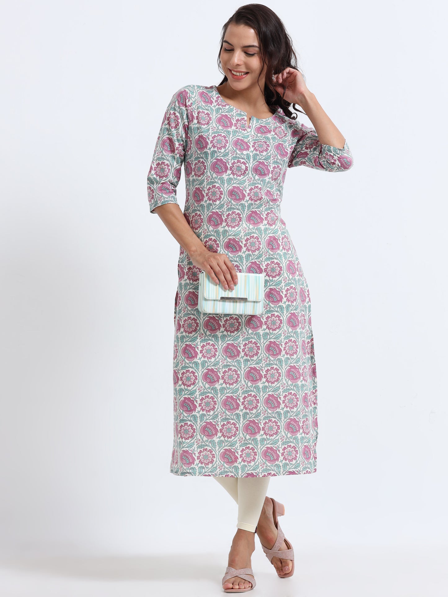 Close-up of the Blue Blush Floral Kurti, showcasing its soft pink and blue floral design, creating a calming and elegant look.