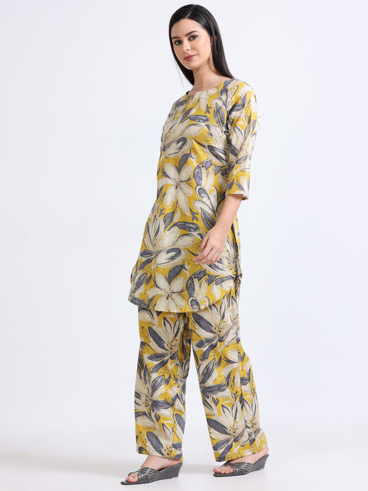 Model wearing the Yellow and Grey Floral Premium Cotton Cord Set, showcasing the elegant floral pattern and comfortable fit