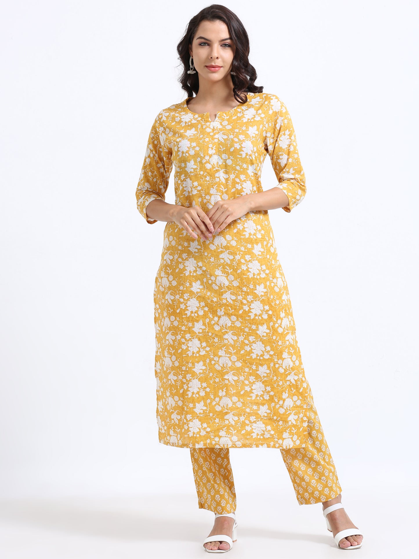 Elegant Sunshine Serenity Floral Kurti Set with matching bottoms, perfect for adding a touch of whimsy and charm to any wardrobe.