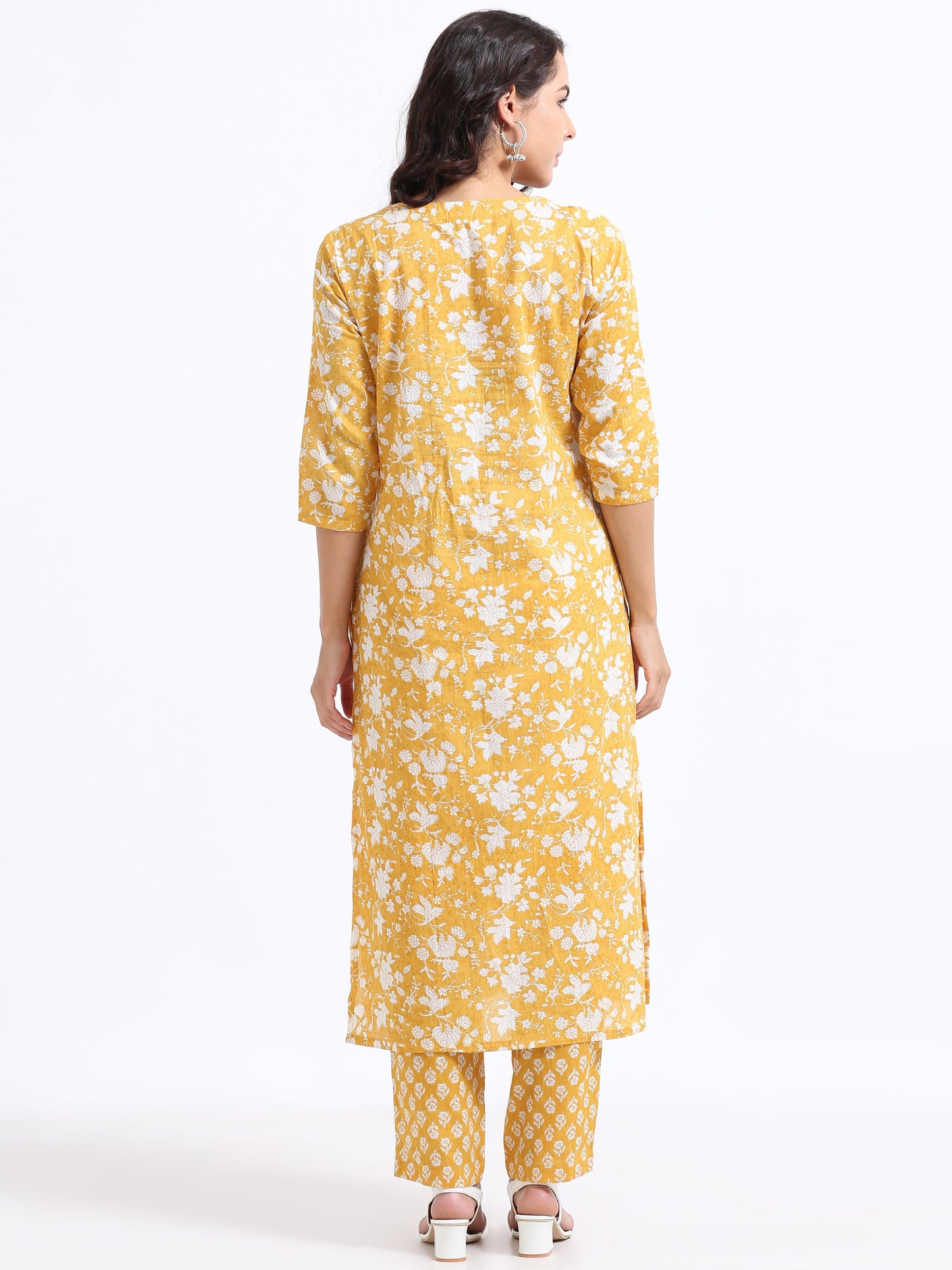 Side view of the Sunshine Serenity Floral Kurti Set, highlighting the beautiful floral pattern and flattering silhouette.