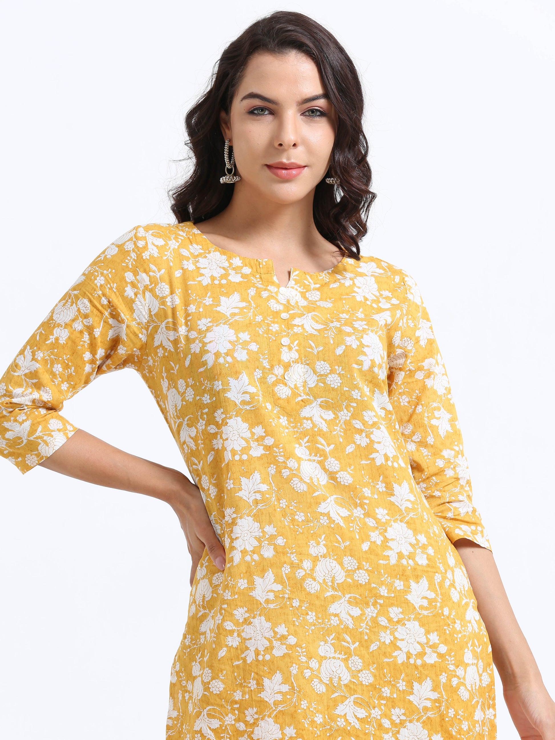 Full view of the Sunshine Serenity Floral Kurti Set, radiating joy and energy with its sunny yellow and white combination.