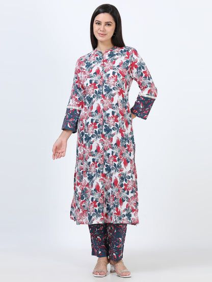 Full view of the High Neck Printed Kurti Set, offering a stylish and contemporary ethnic look with its unique high-neck design.