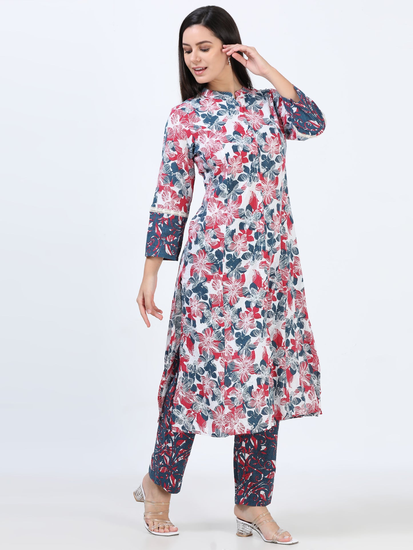 Side view of the High Neck Printed Kurti Set, highlighting its comfortable and flattering silhouette paired with stylish prints.