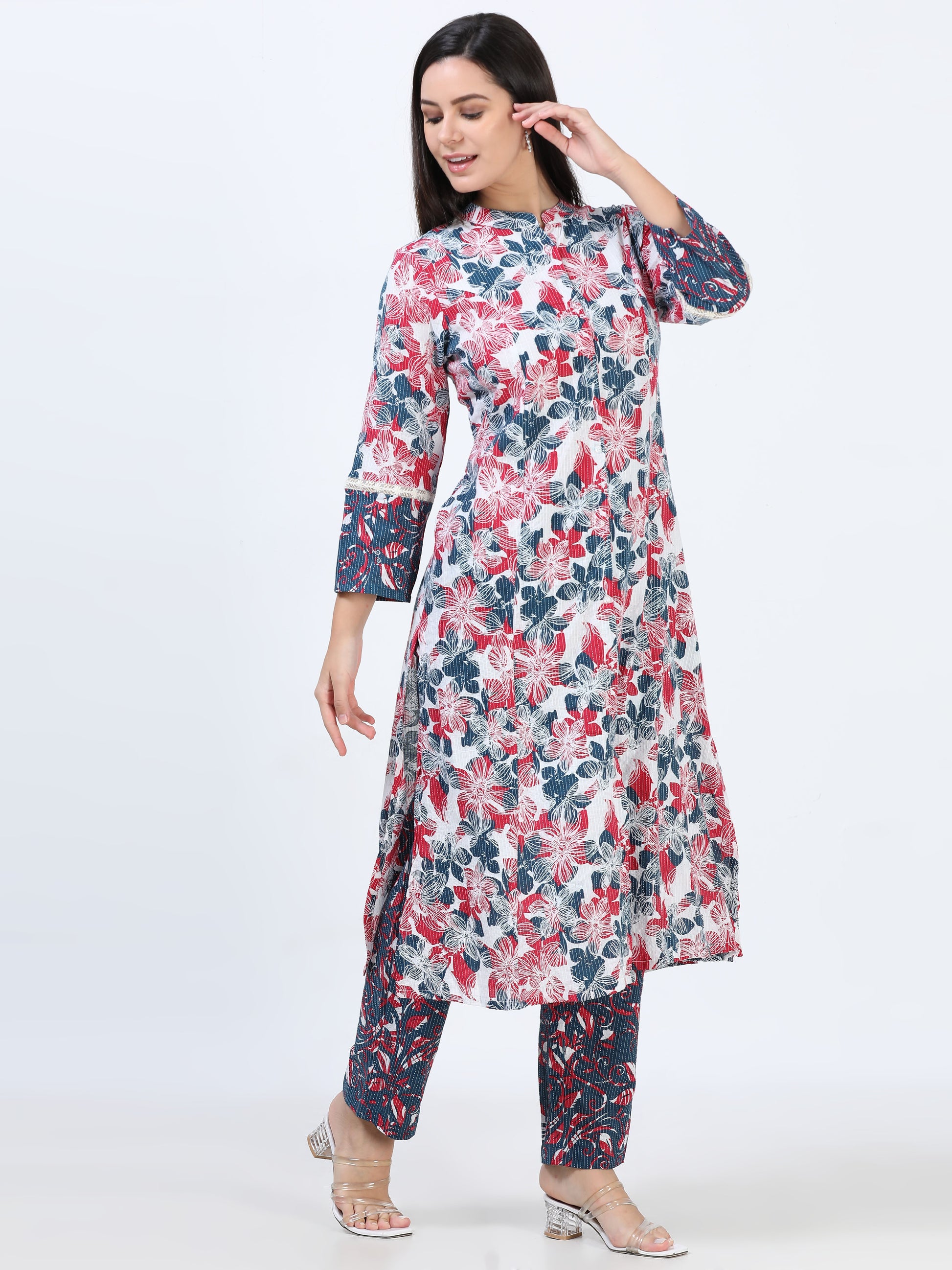 Side view of the High Neck Printed Kurti Set, highlighting its comfortable and flattering silhouette paired with stylish prints.