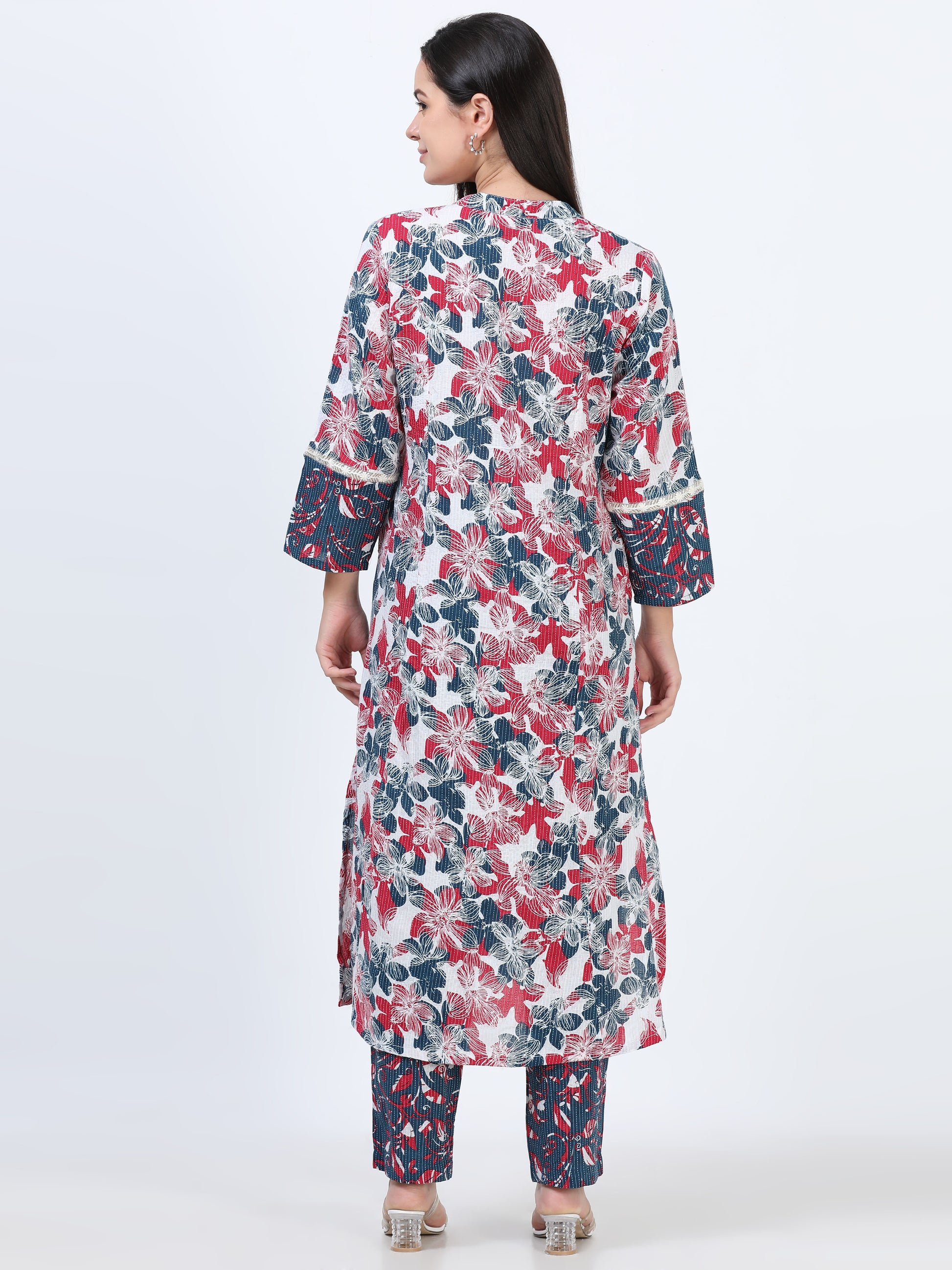 Elegant High Neck Printed Kurti Set with matching pants, perfect for both casual and festive occasions.