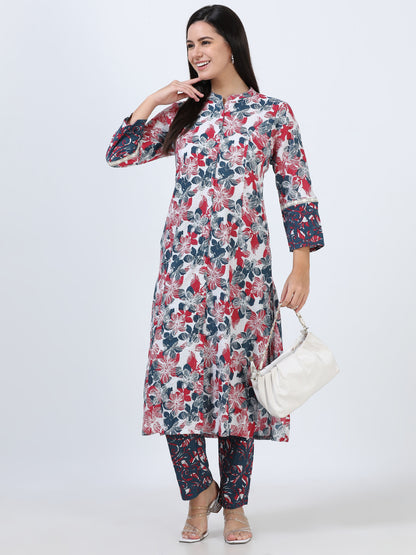 Detailed view of the High Neck Printed Kurti Set, focusing on the fine print work and the elegant high-neck collar.