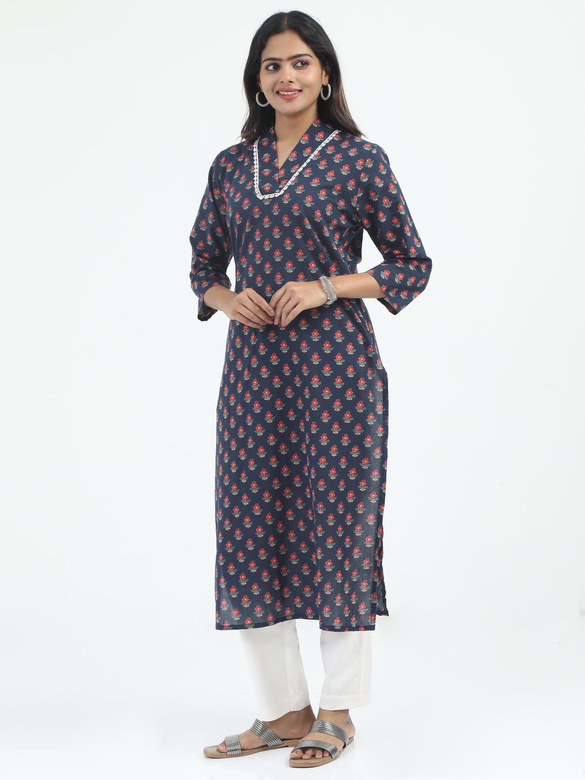 Close-up of the Indigo Floral Print Cotton Kurti, highlighting the detailed floral design on soft, breathable cotton fabric.