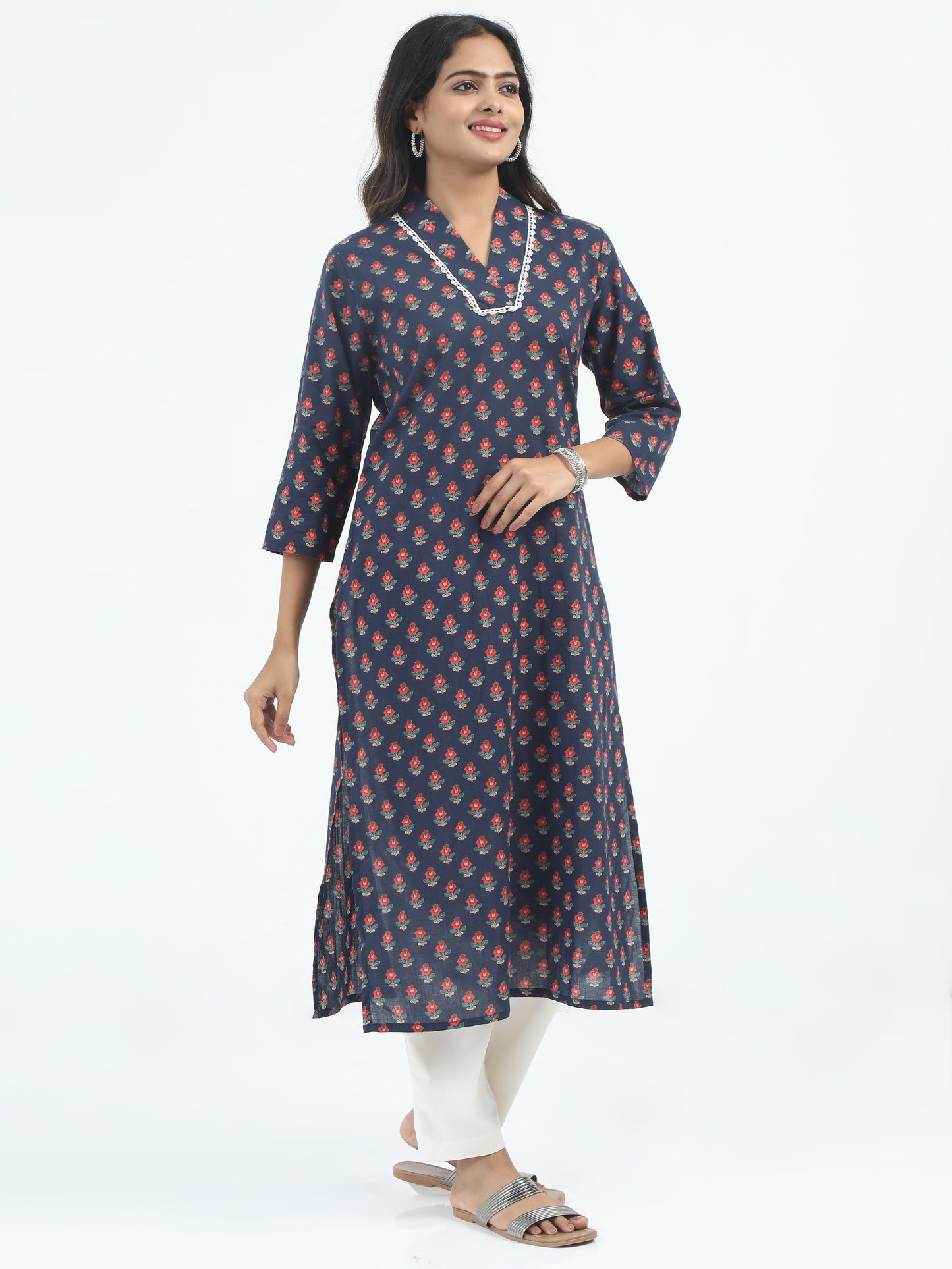 Full view of the Indigo Floral Print Cotton Kurti, offering a comfortable yet stylish fit with vibrant floral prints.