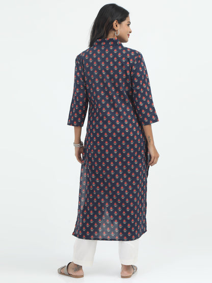 Side view of the Indigo Floral Print Cotton Kurti, showcasing the flattering silhouette and beautiful indigo floral accents.