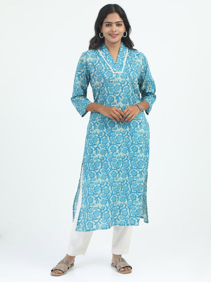 Model wearing the Premium Cotton Beige and Blue Kurti Set with Lycra Pant, offering a perfect blend of style and comfort with a chic beige and blue color combination.