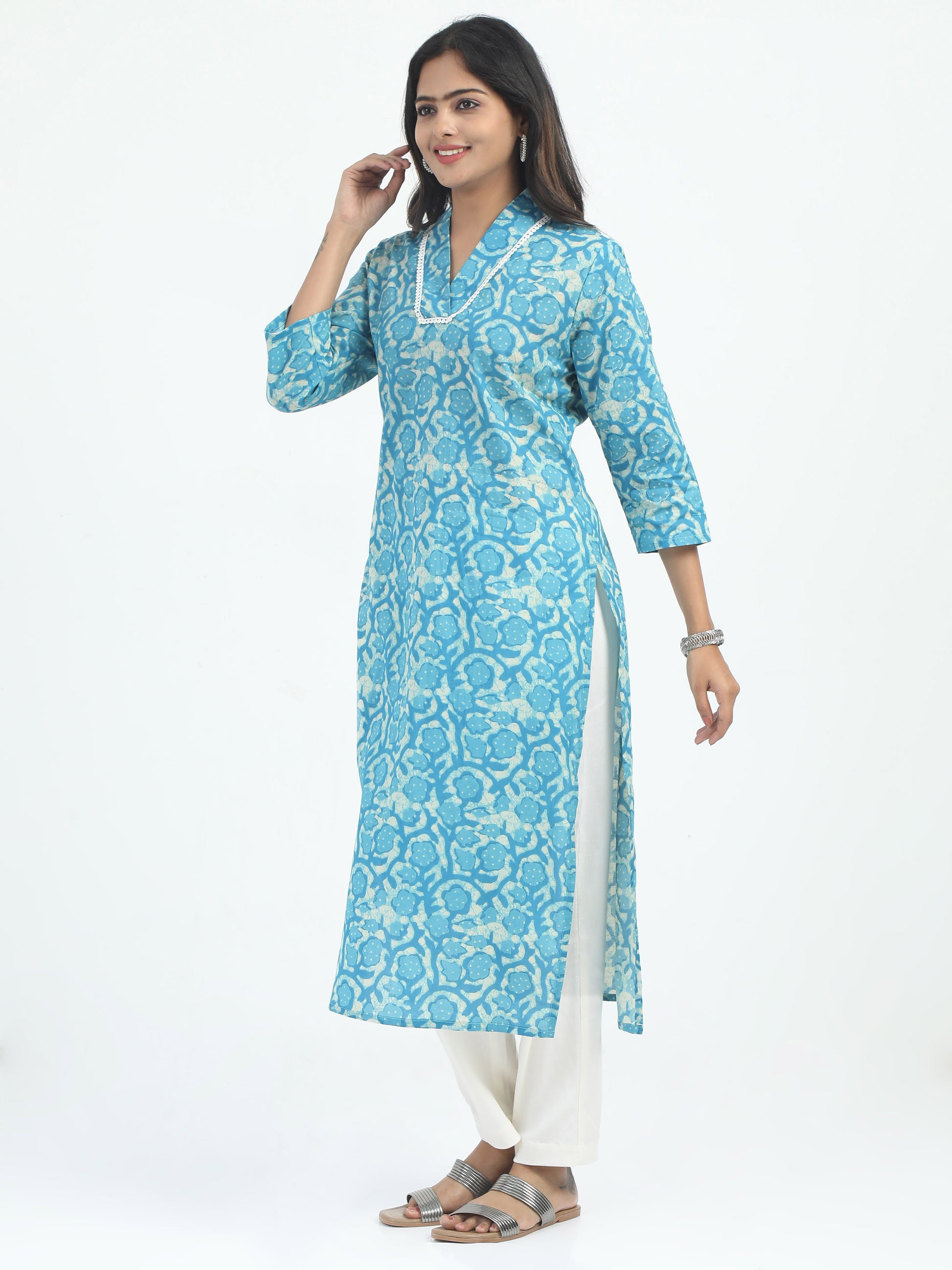 Close-up of the Premium Cotton Beige and Blue Kurti Set with Lycra Pant, showcasing the elegant kurti and stretchy Lycra pant for a perfect fit.