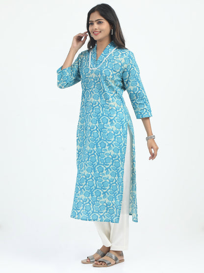 Close-up of the Premium Cotton Beige and Blue Kurti Set with Lycra Pant, showcasing the elegant kurti and stretchy Lycra pant for a perfect fit.