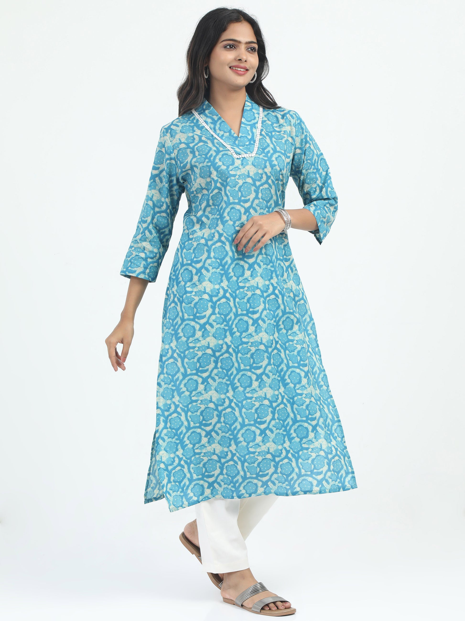 Full view of the Premium Cotton Beige and Blue Kurti Set with Lycra Pant, highlighting its comfortable, breathable cotton fabric and flattering fit.