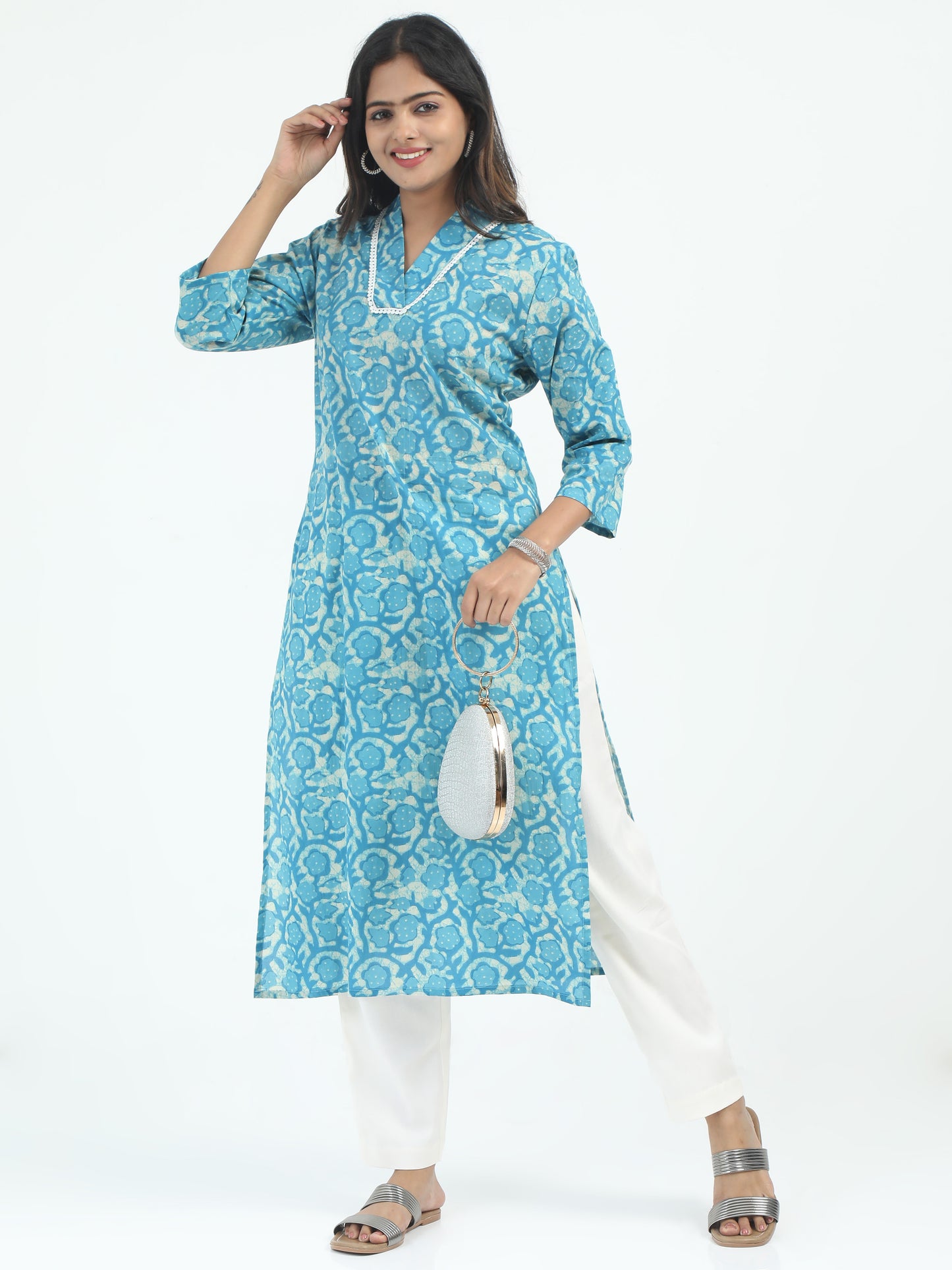 The Premium Cotton Beige and Blue Kurti Set with Lycra Pant displayed with matching accessories, offering a chic yet comfortable look for everyday wear.