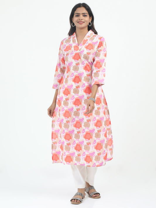 Model wearing Pastel Shade Cotton Kurti Set with Multi Color, featuring a soft pastel base and vibrant multi-colored accents.